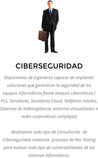CIBERSEGURIDAD Disponemos de ingenieros capaces de implantar soluciones que garanticen la seguridad de los equipos informáticos frente ataques cibernéticos ( PCs, Servidores, Servidores Cloud, Teléfonos móviles, Sistemas de Videovigilancia, entornos virtualizados o redes corporativas complejas)  Realizamos todo tipo de Consultorías  de Ciberseguridad mediante  procesos de Pen Testing para evaluar todo tipo de vulnerabilidades de los sistemas informáticos.